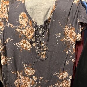 Maurices Gray and Brown Floral Lace-Up Blouse